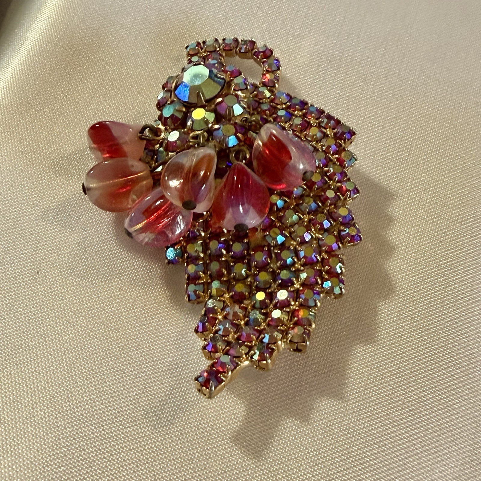 Vintage AB Pink Red Artglass & Rhinestone Dangling Cluster Brooch 2.5”