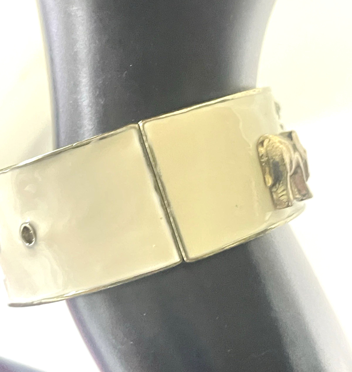 Vintage Enamel Cuff Bracelet Elephants Ivory Goldtone Crystals Hinge Opening