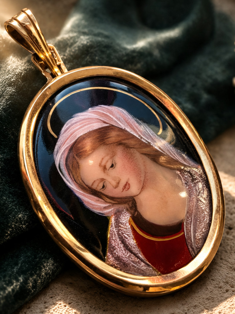 Fine Antique Art Nouvea 18K 18CT Gold Enamel Virgen Mary Medal Pendant Ca 1900