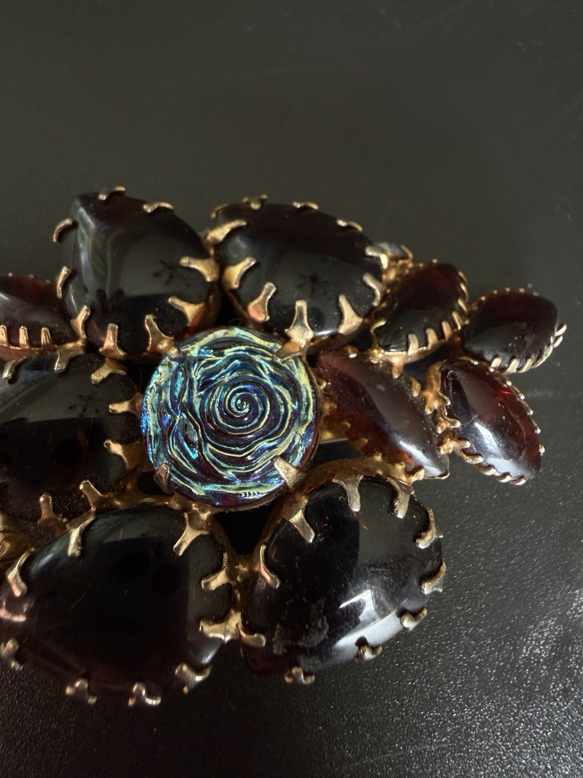 Deep Red Glass Molded Rose Brooch Art Glass Flower AB Rhinestone Statement Vtg