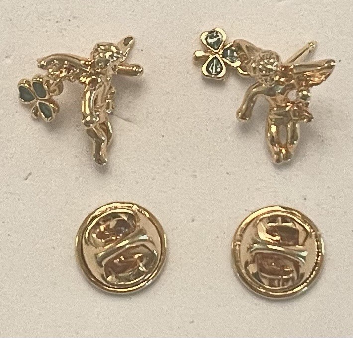 Pair of Vintage Sol D’or Golden Finish Cupid Green Enamel Clover Tie Pins ~ NIB