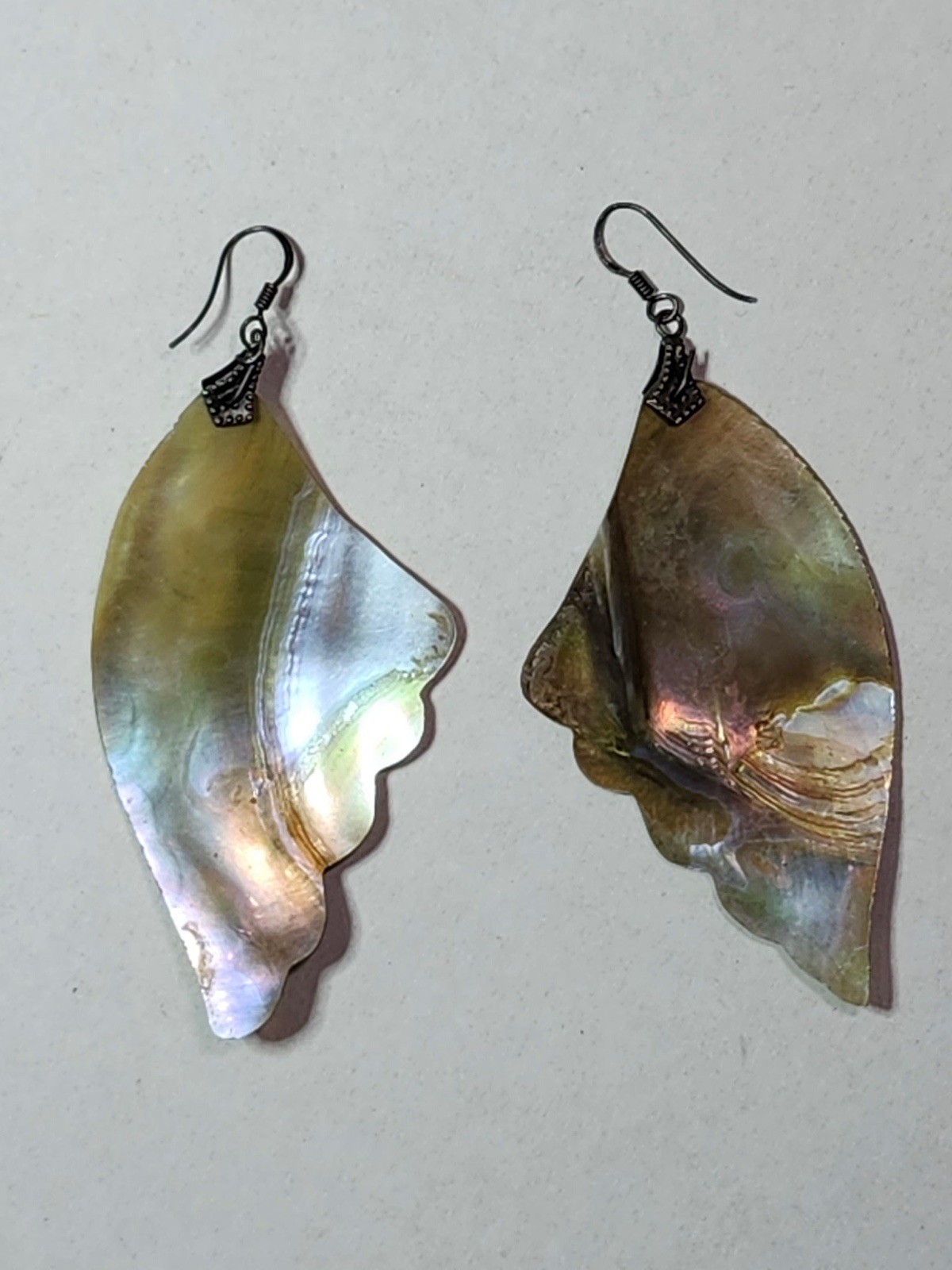 Vntg Sterling Silver Abalone Paua Fan Wings Dangle Drop Earrings Boho Fairy