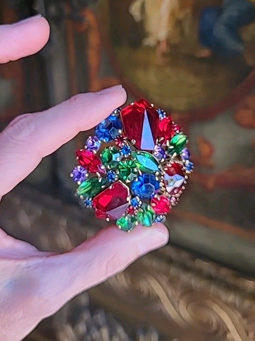 Vintage WEISS Green Red Multi Rhinestones Gold Tone Brooch Signed Estate Costume