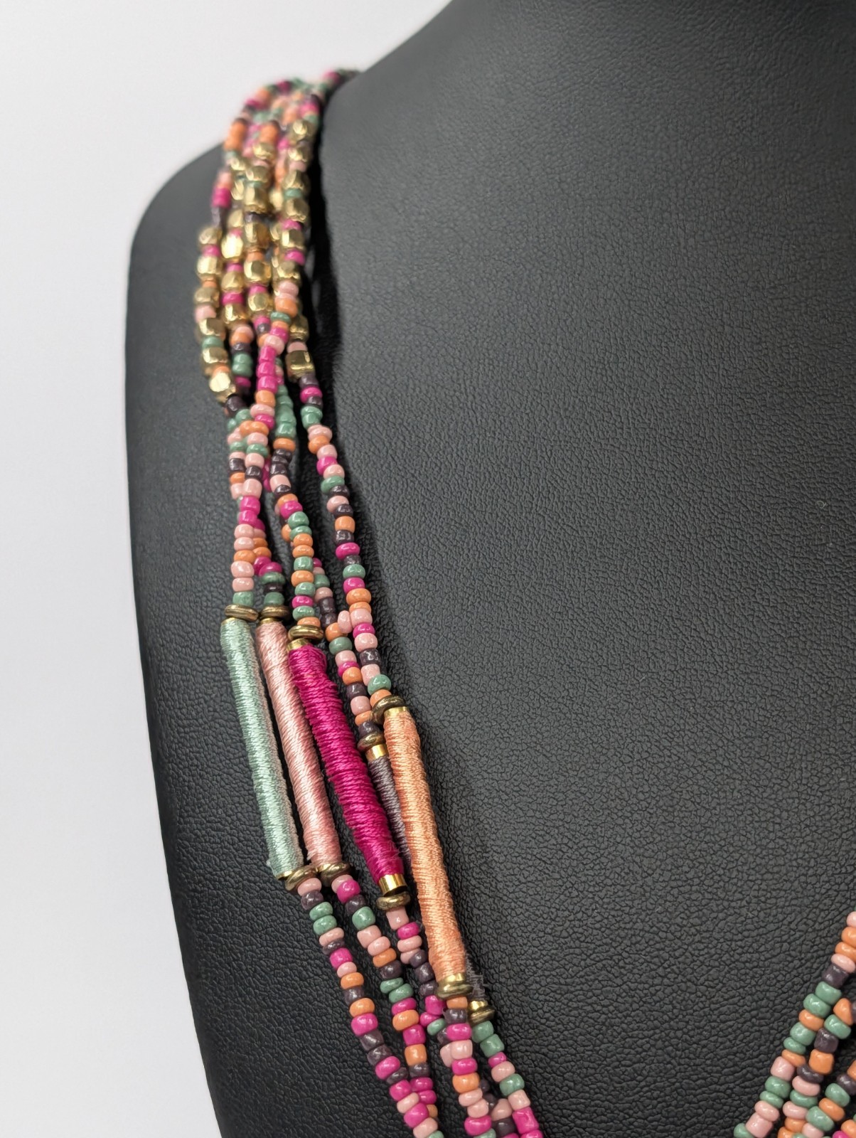 Vintage Indian Artisan Multi Strand Seed Bead Tassel Lariat Necklace Thread Wrap
