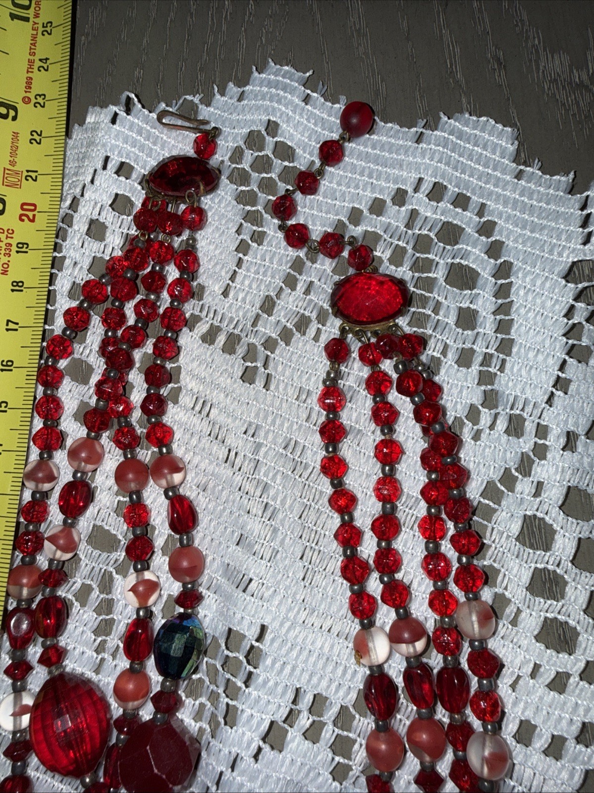 Vintage Western Germany Red/Red Iridescent 4 Stranded Beaded Necklace