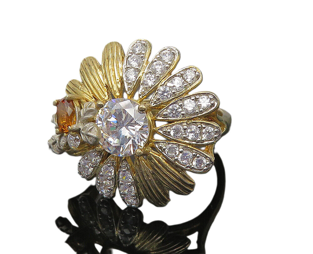 JACMEL 925 Silver Cubic Zirconia & Citrine Floral Cocktail Ring Sz 8 RG10785