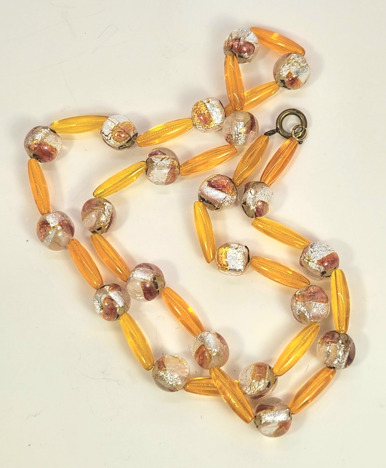 Art Glass Foil Bead Necklace Orange Silver Vtg Czech 23 Inch Oblong & Round