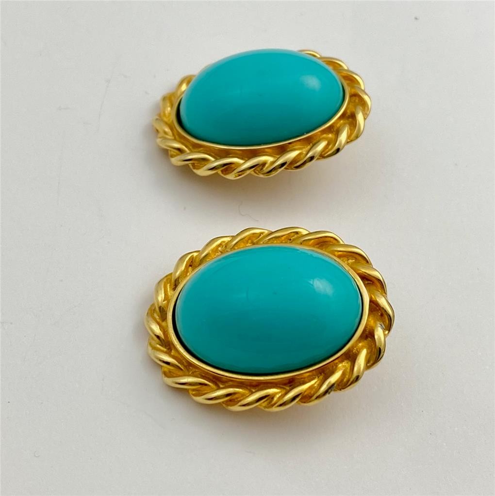 1980’s Gay Boyer Large Oval Turquoise Color Cabochon Gold Tone Clip Earrings