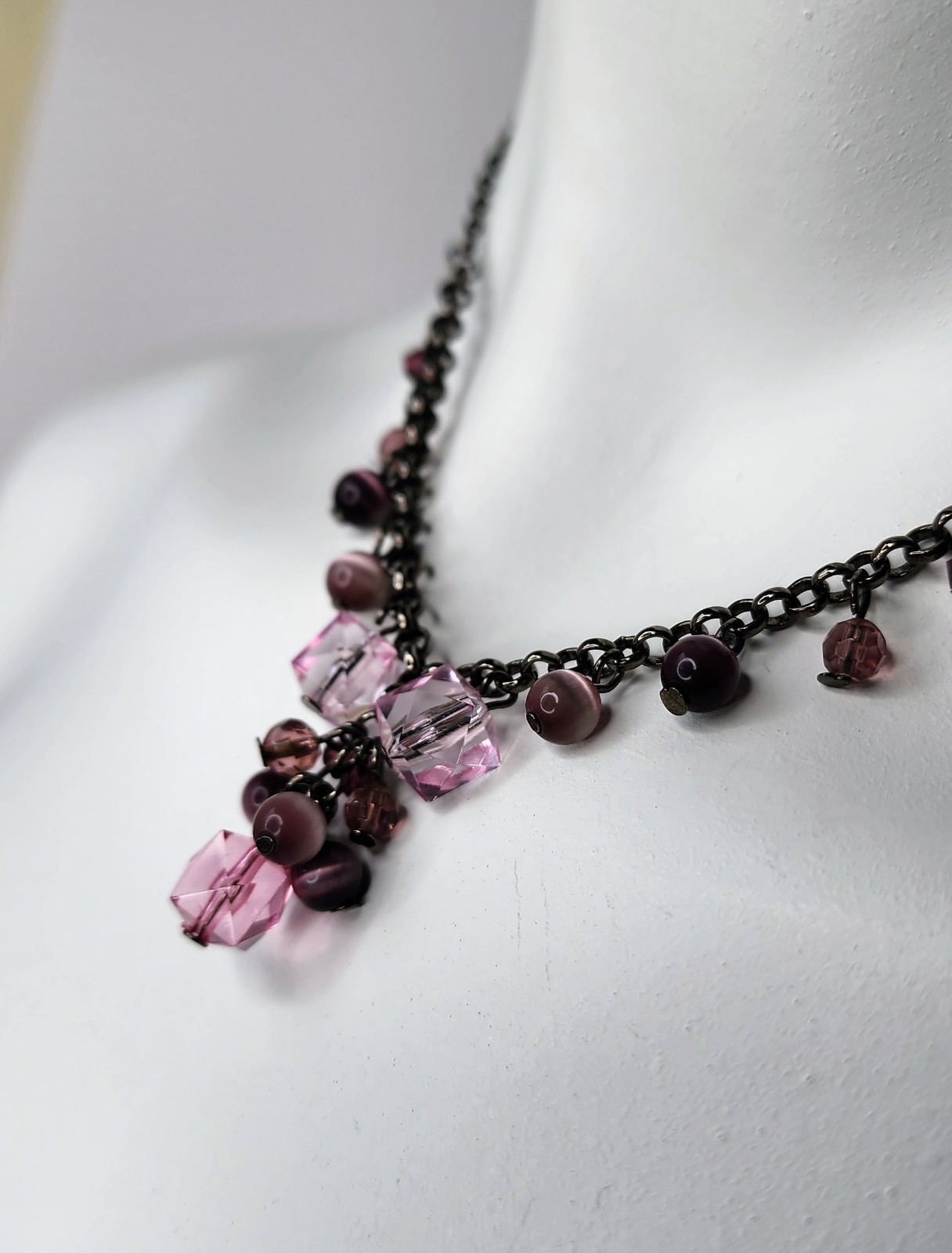 Vintage Style Pink Crystal & Cat Eye Bead Gunmetal Necklace