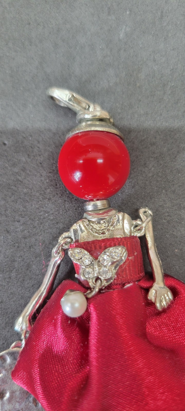 Vintage Articulated Doll Pendant Silver Tone Red Dress Rhinestone Purse Pendant