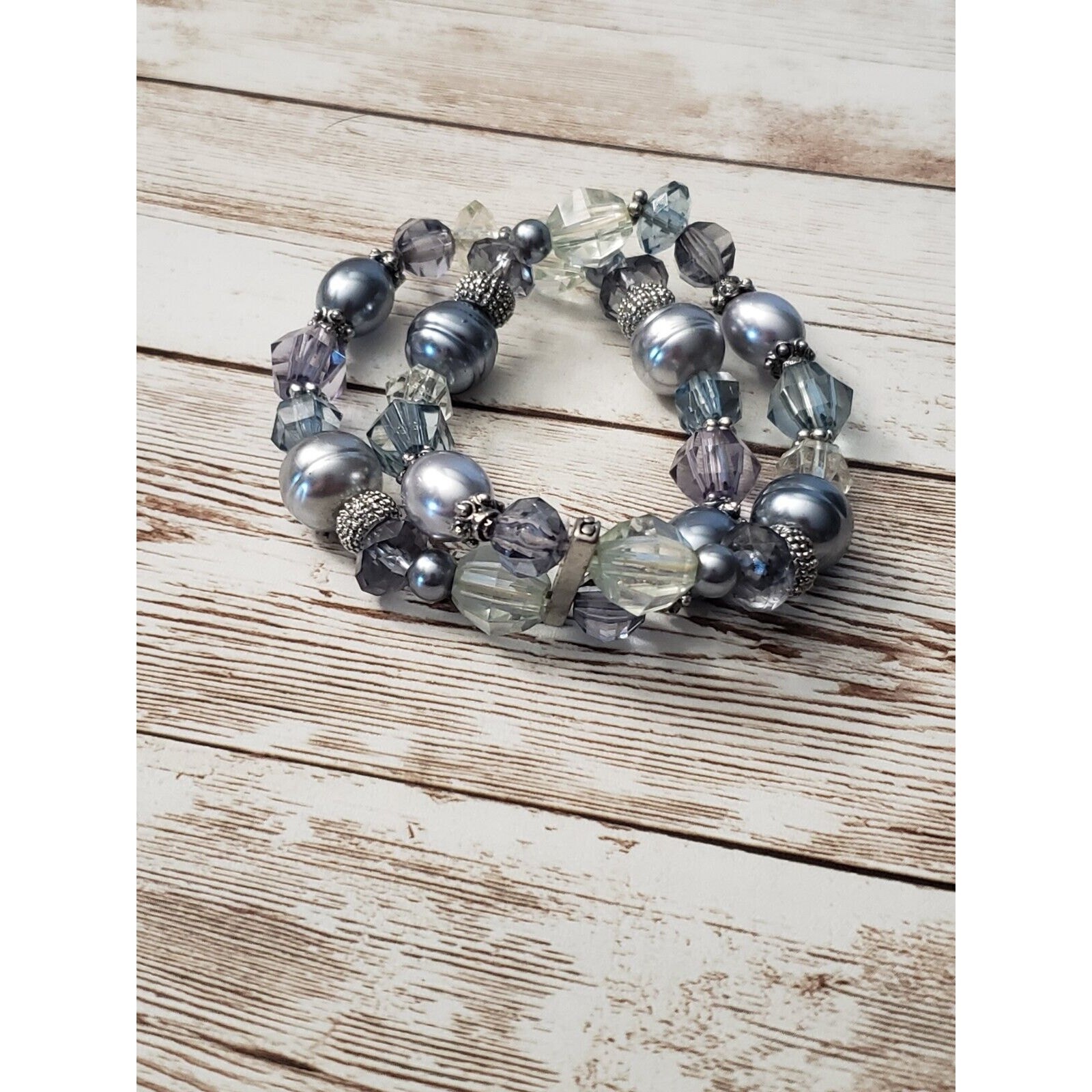 Vintage Stretch Bracelet / Bangle – Double Row Silvery Blue Tones