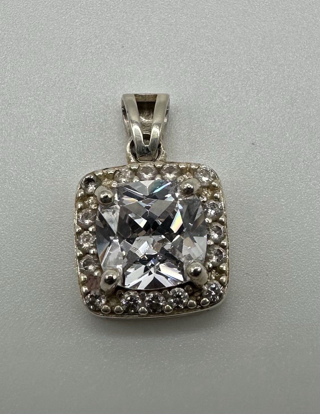 925 Sterling Silver Cushion Cut CZ Halo Pendant Clear Cubic Zirconia Square Vtg