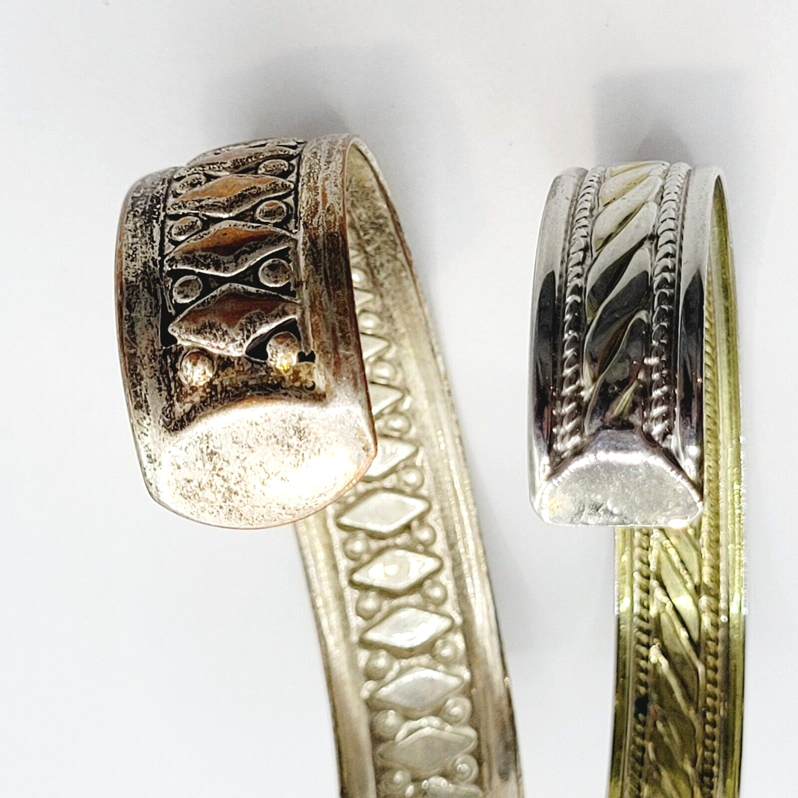 Two Vintage Metal Cuff Bracelets 1 Brass & 1 Silver Tone Patterned Tarnished
