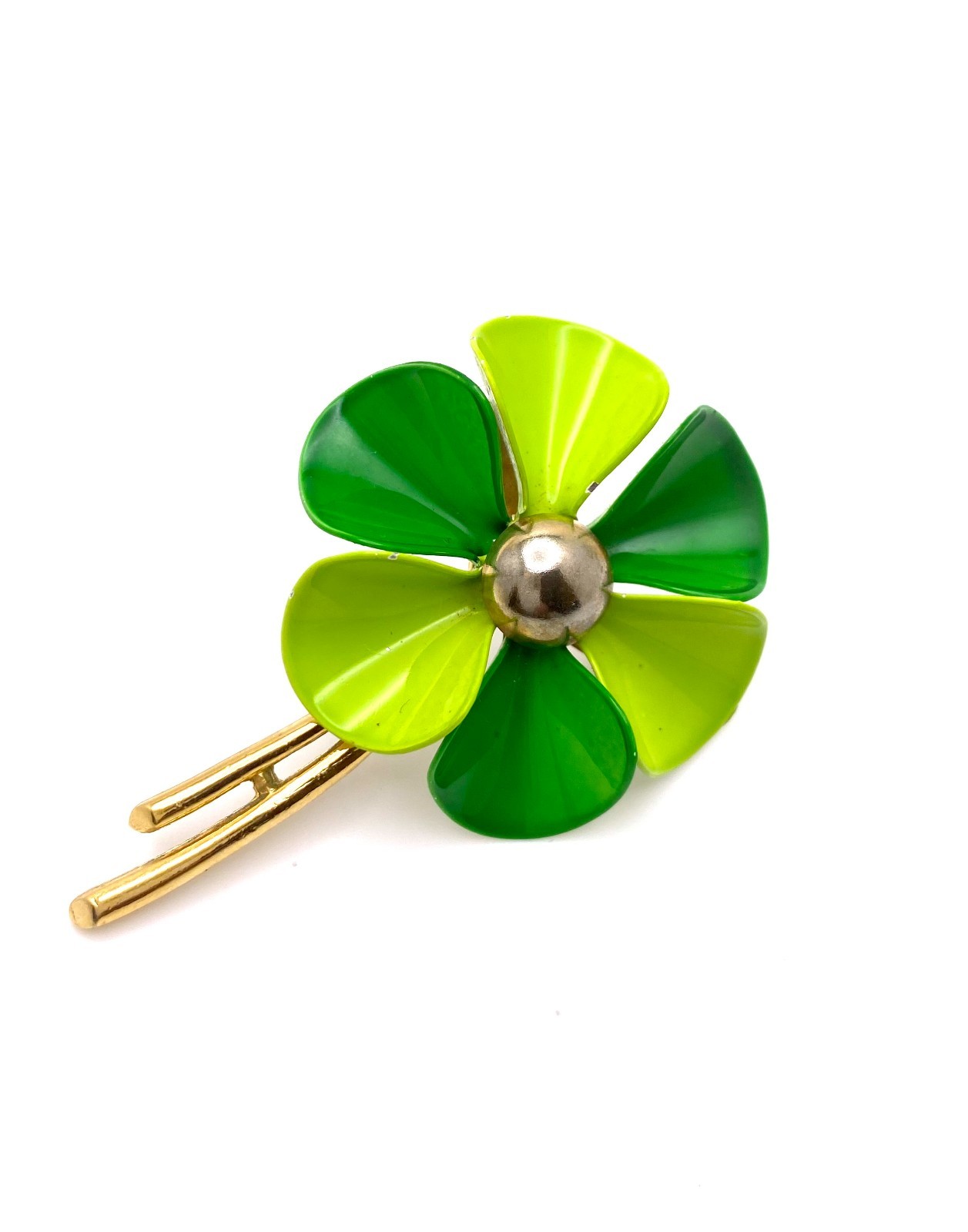 Vintage Costume Jewelry Dark & Lime Green Enamel Flower Brooch Pin 2.5″