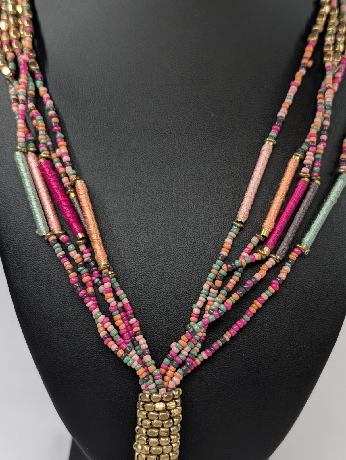 Vintage Indian Artisan Multi Strand Seed Bead Tassel Lariat Necklace Thread Wrap