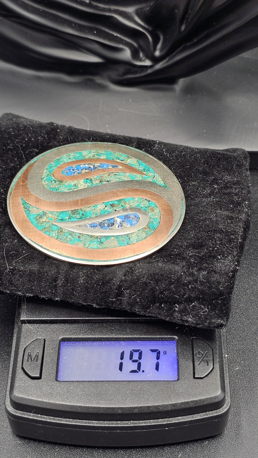 Mexican Sterling Silver & Copper Inlay Brooch GPR Hallmark Bell Mark Gemstone