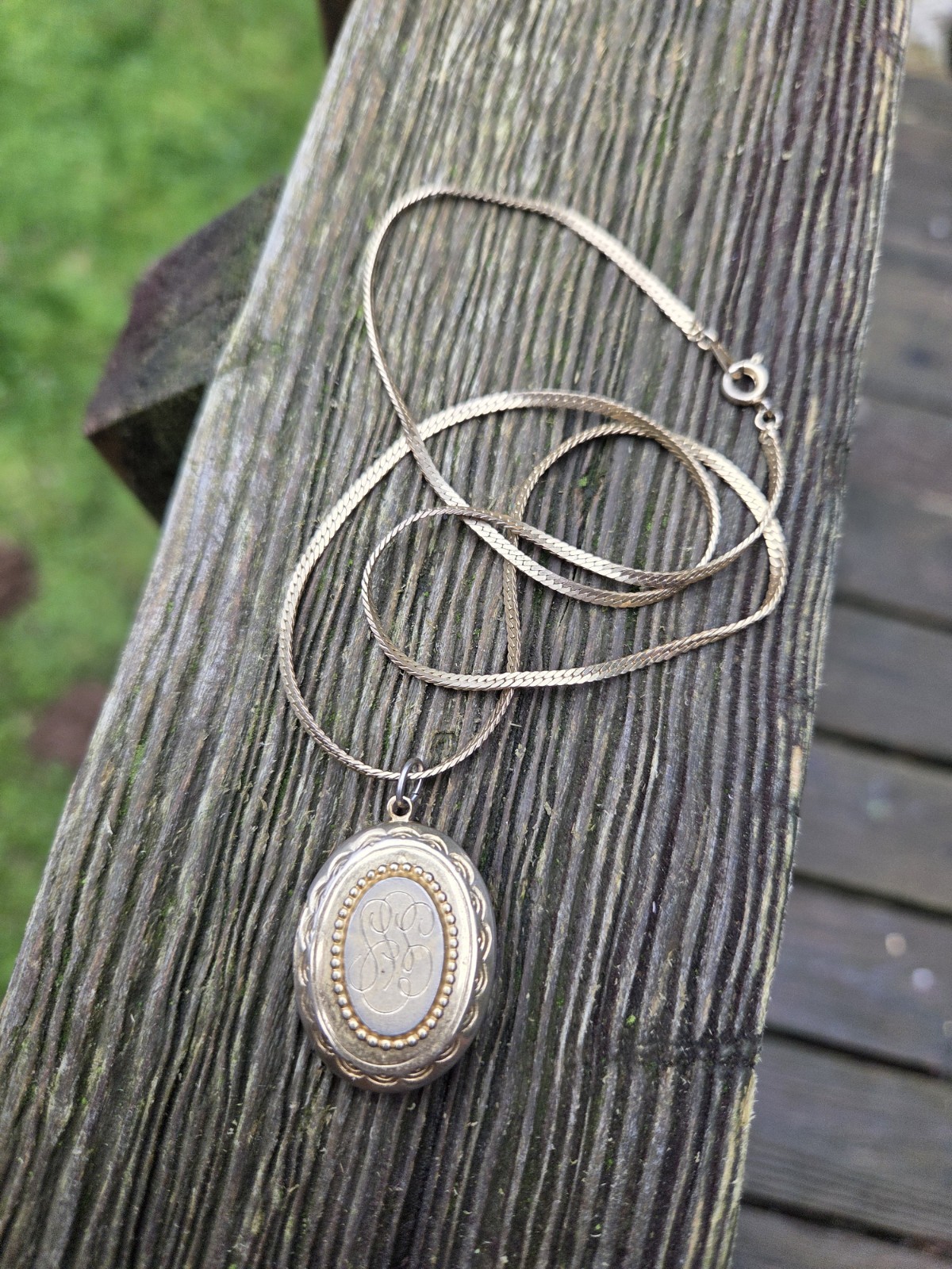 Vintage Ornate Locket Necklace Pendant Engraved Gold Tone Herringbone Chain