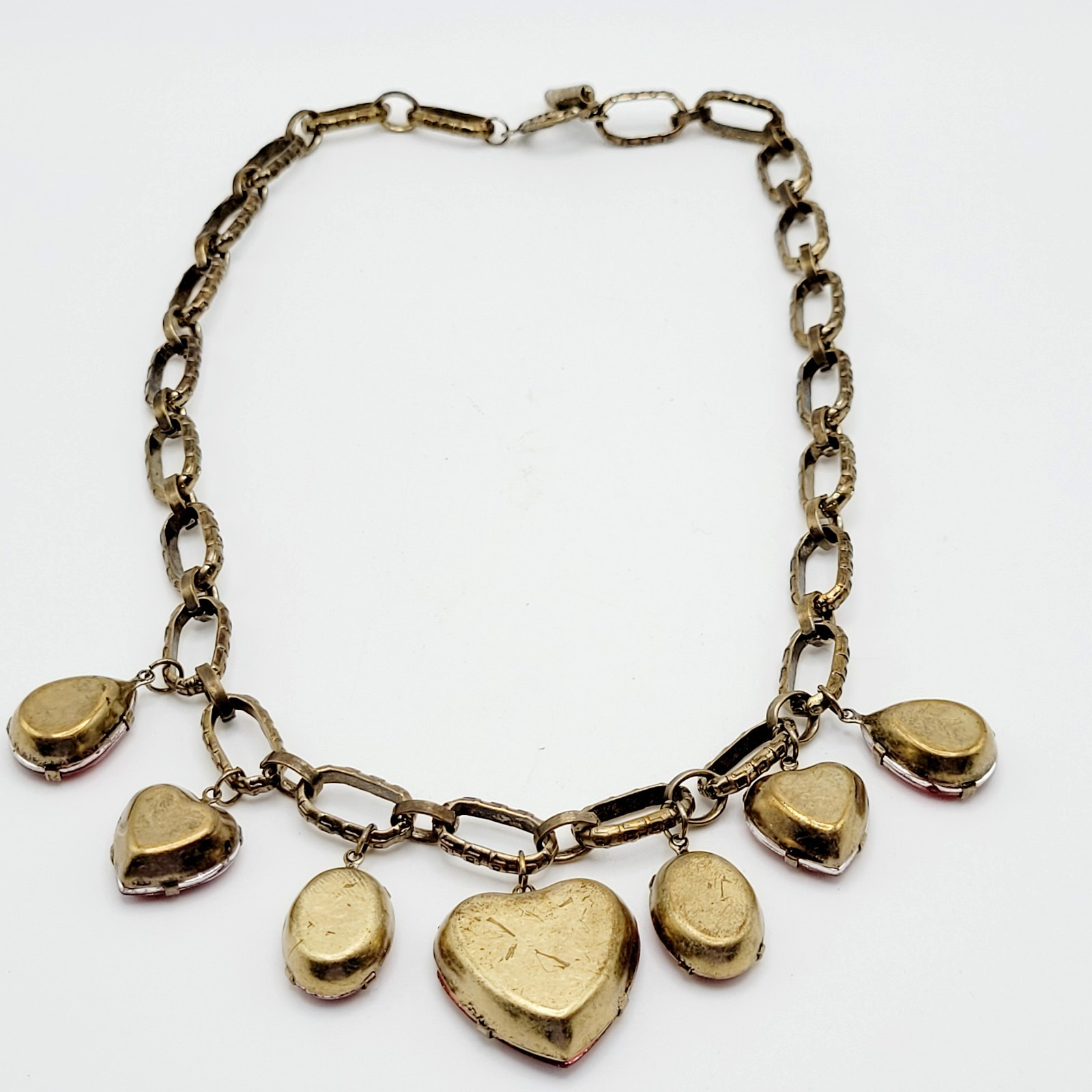 Red Acrylic Gem Statement Red Heart Brass Tone Large Link Vintage Necklace 17 In