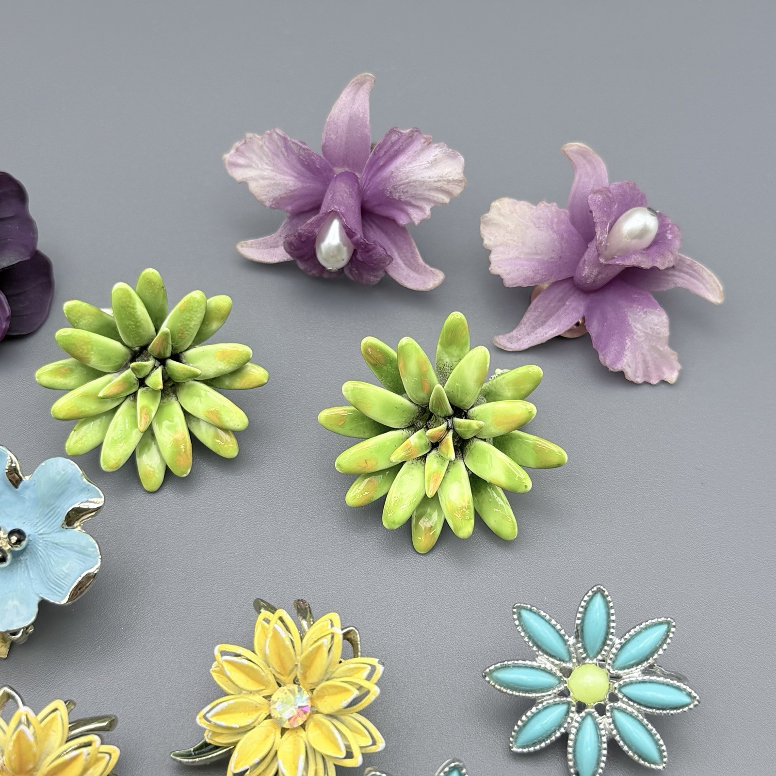 Vintage Flower Clip On Earrings Floral Lot Of 8 Orchid Pansies Tulip Multi Color