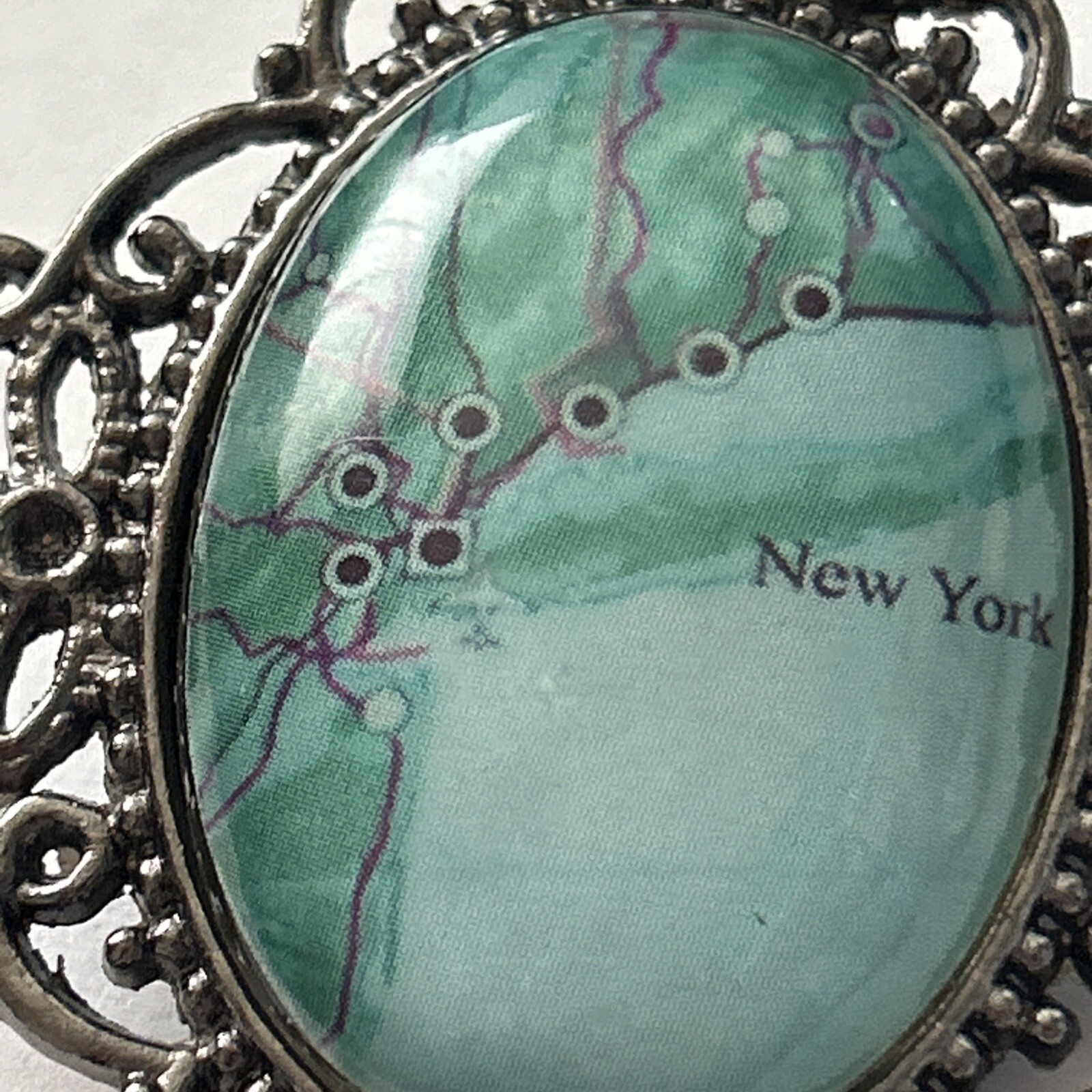 VINTAGE Silver Filagree New York Brooch Pin W Street Map Almost 2” Long Unique