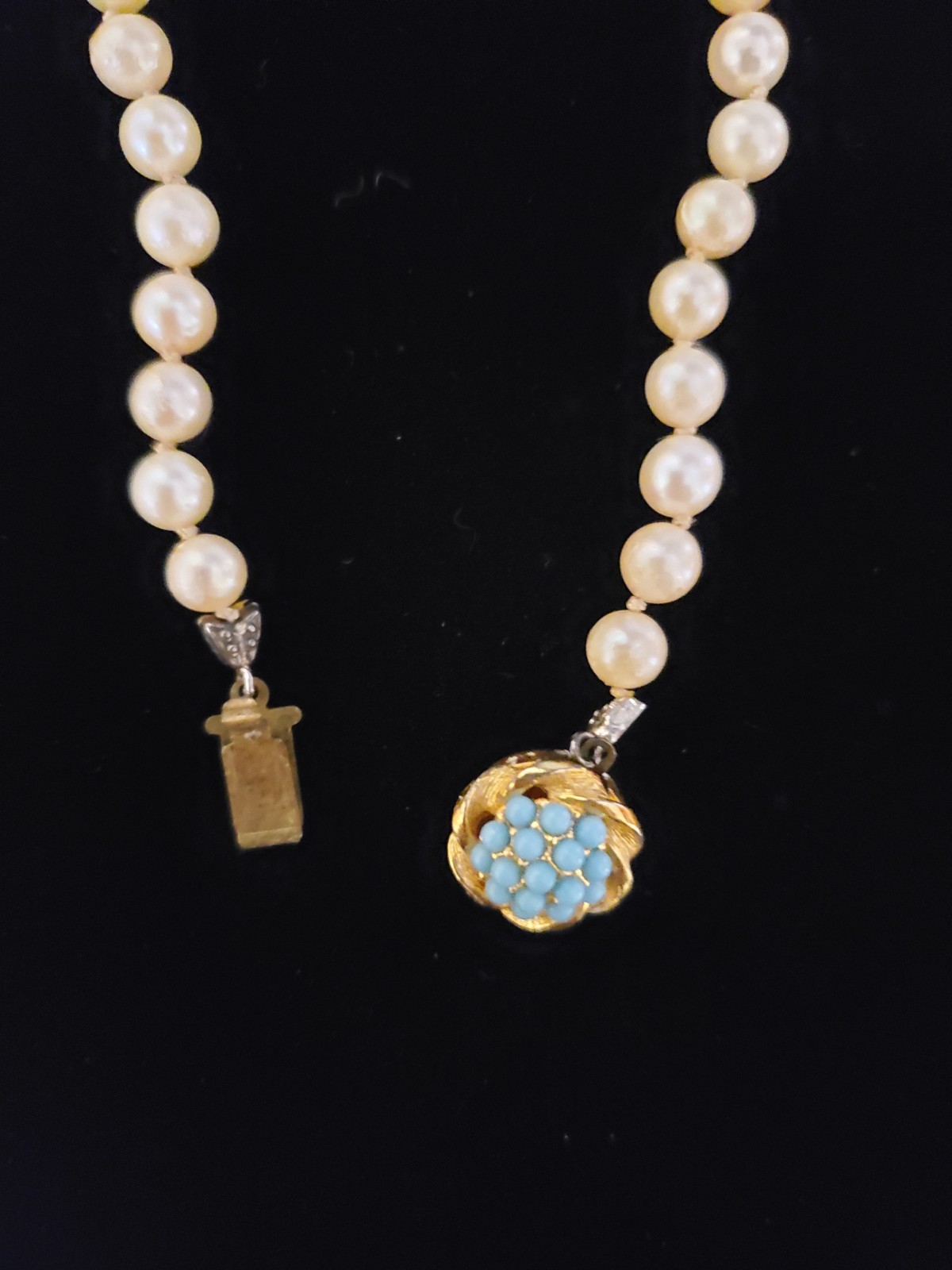 Vintage Single Strand Pearl Hand Knot Necklace Ornate Gold Turquoise Clasp Gift