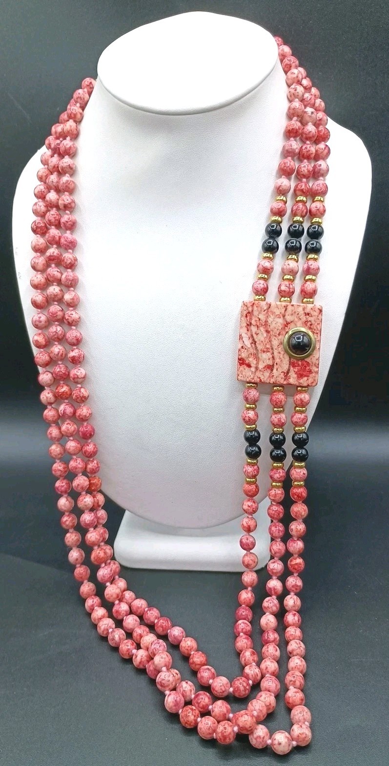 Vintage Pink Stone Necklace Beaded Multi Strand Side Pendant Hook Clasp