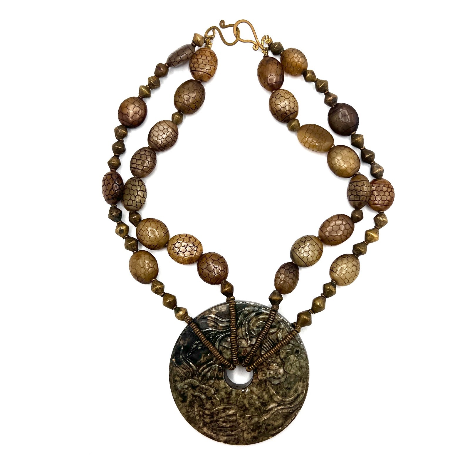 Artisan Carved Stone Medallion Necklace – Two-Strand Mossy Earth Tone Statement