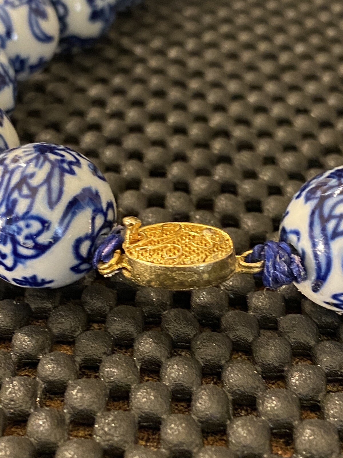 Vintage Chinese Export Blue White Large Porcelain Beaded Necklace Filigree Clasp