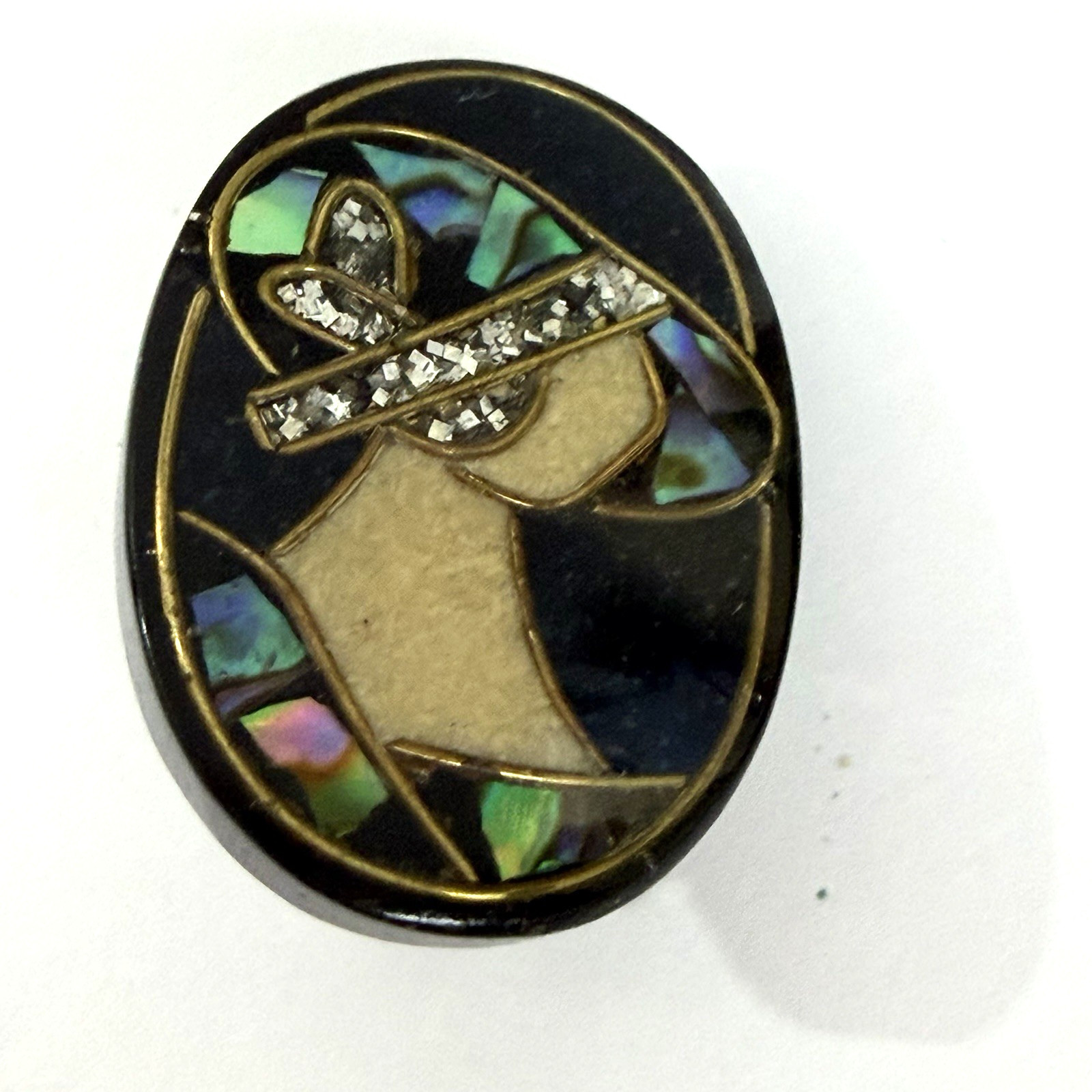 Vintage Paua Shell Brooch Earring Set Abalone Inlay Black Resin Art Deco Gatsby