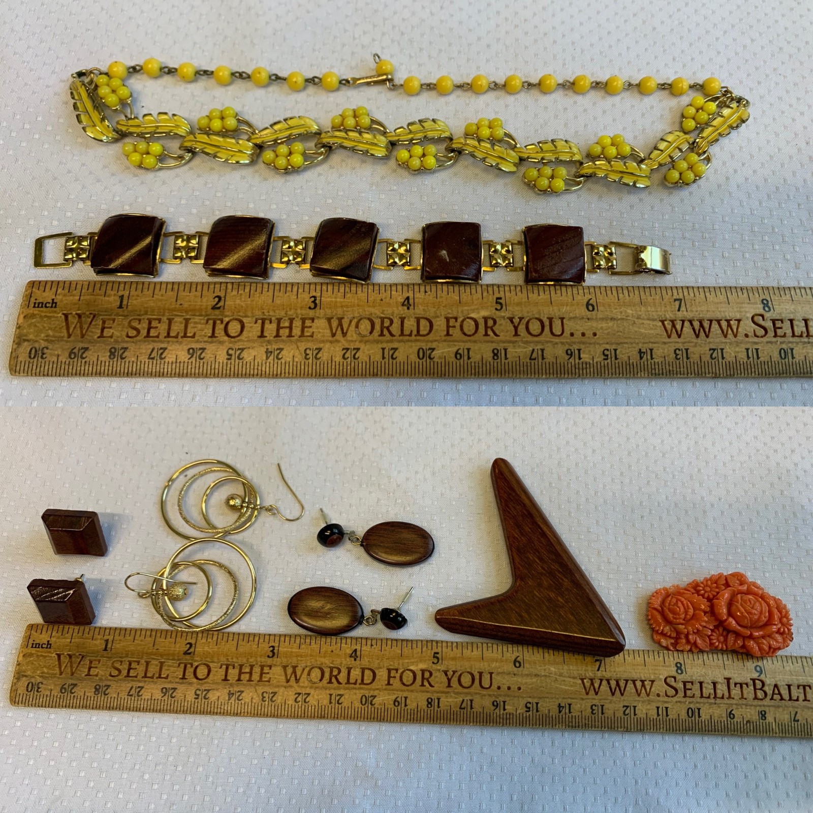 Vtg Costume Jewelry Lot Mid Century Modern Natural Earthtones Wood Faux Coral
