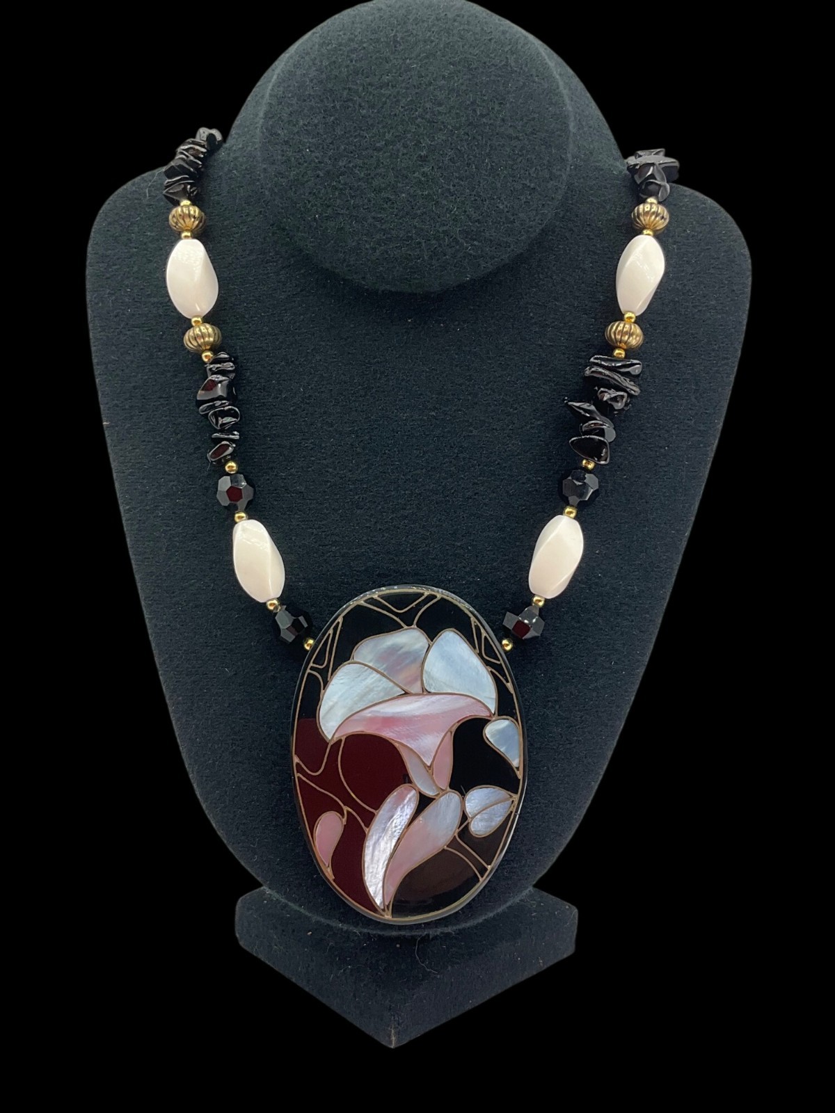 Vintage 70’s Lee Sands Artisan Calla Lily Flower Mother Of Pearl Inlay Necklace