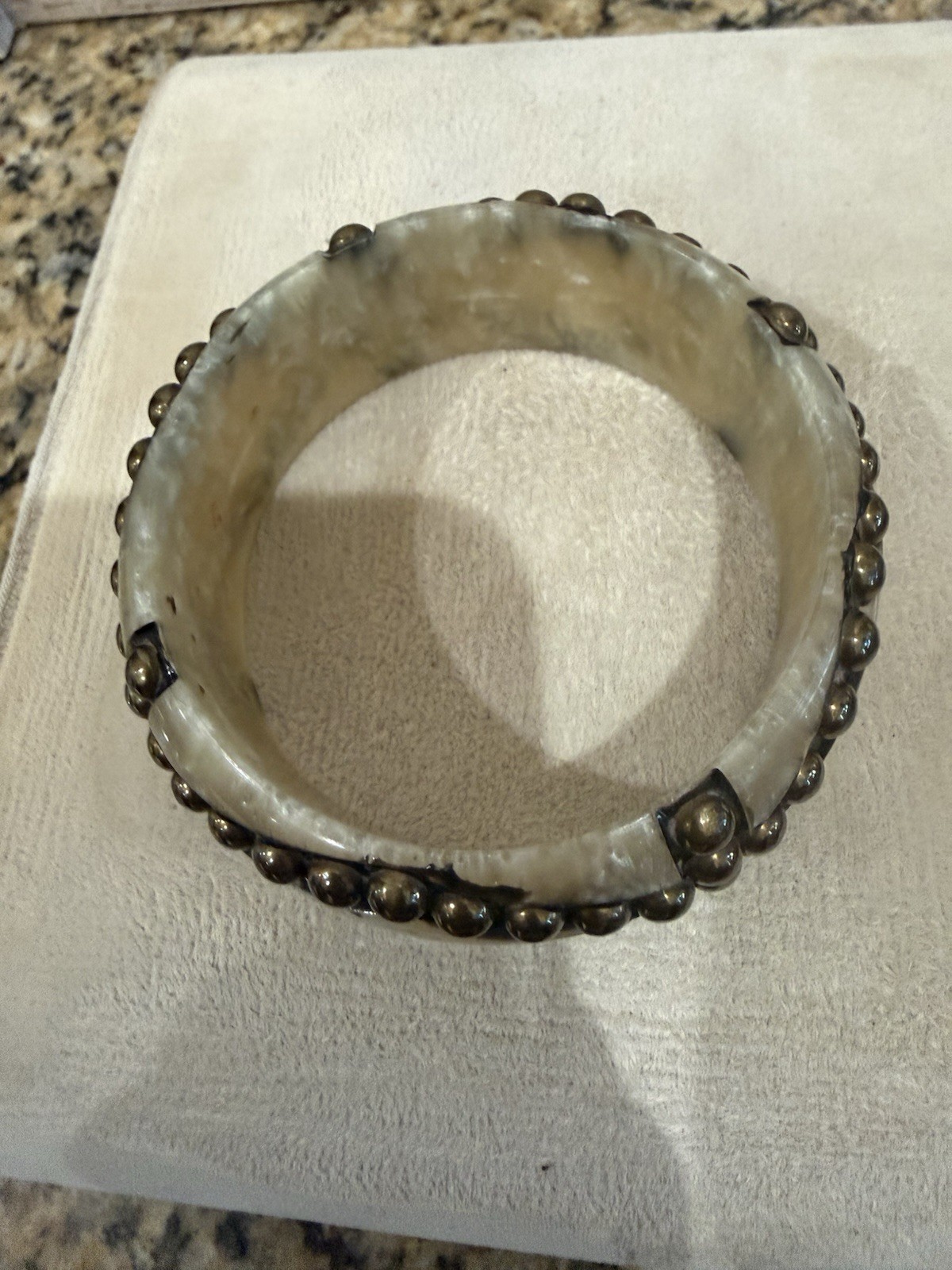 Off White Marbled Bracelet Brass Studded Bangle Boho Vintage 7.5”