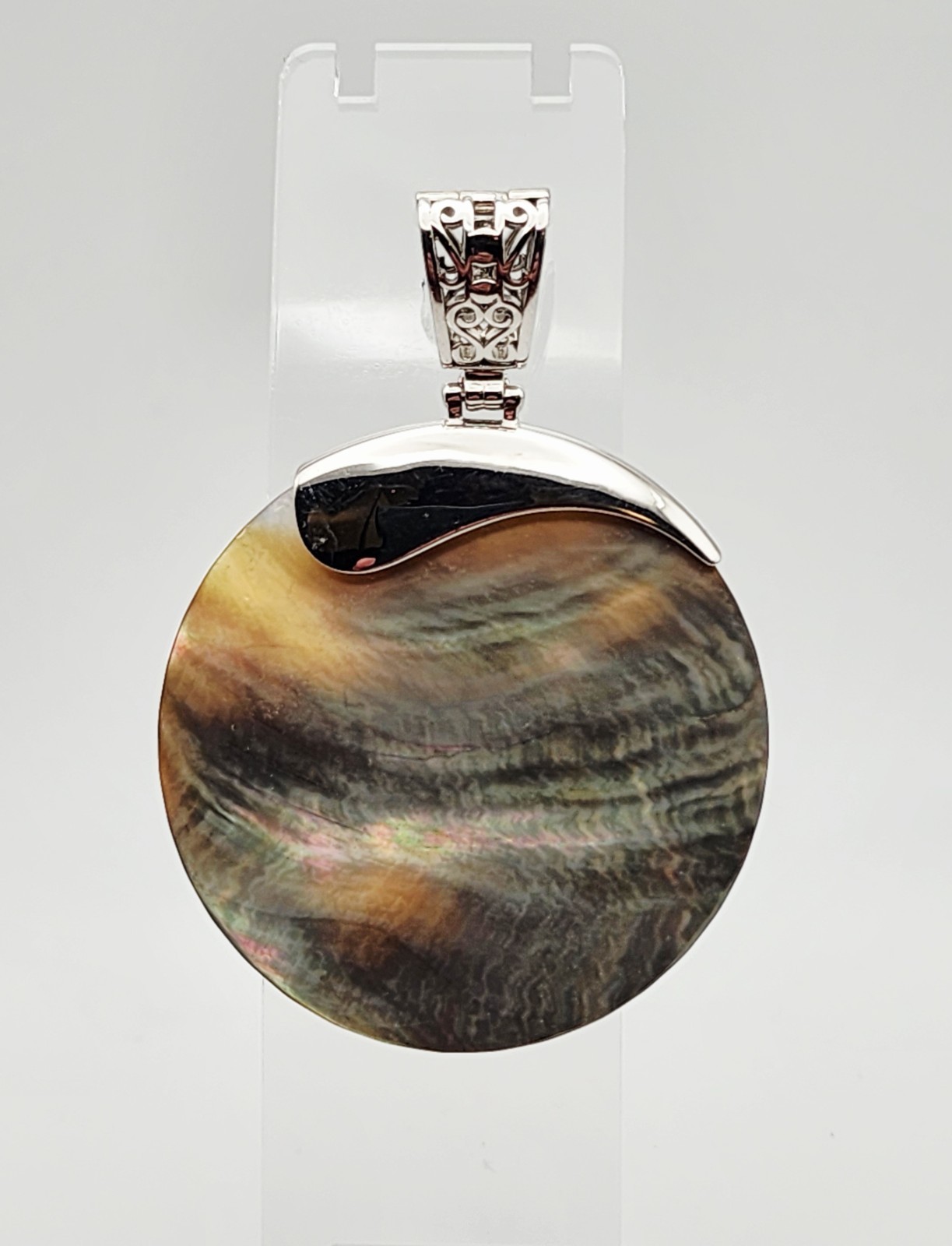 BBJ Vintage Sterling Silver Abalone Shell Scrollwork Pendant w/Hinged Bail