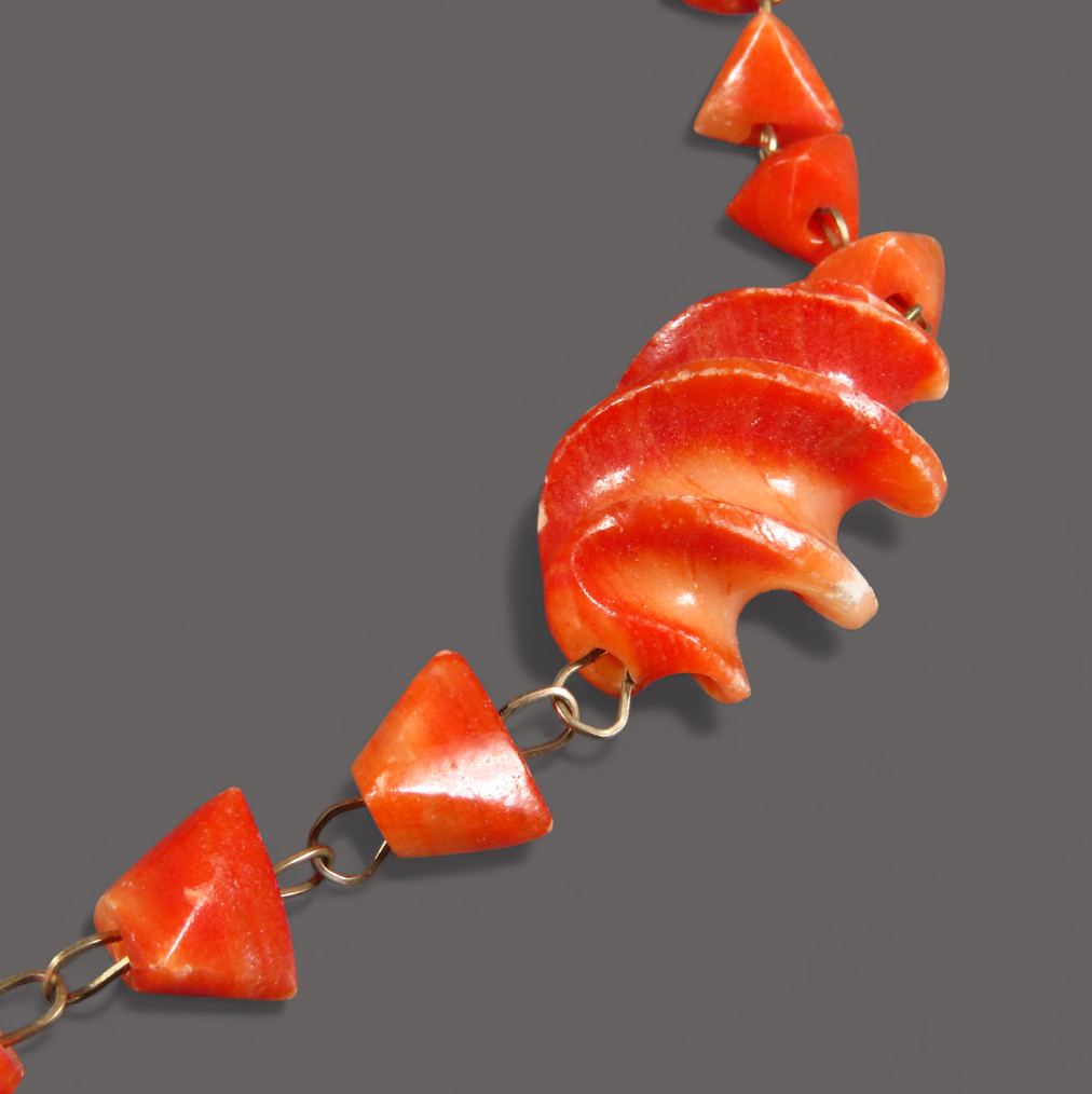 Vintage CARVED ORANGE CORAL NECKLACE Gold Filled BEADED TASSEL PENDANT Spirals