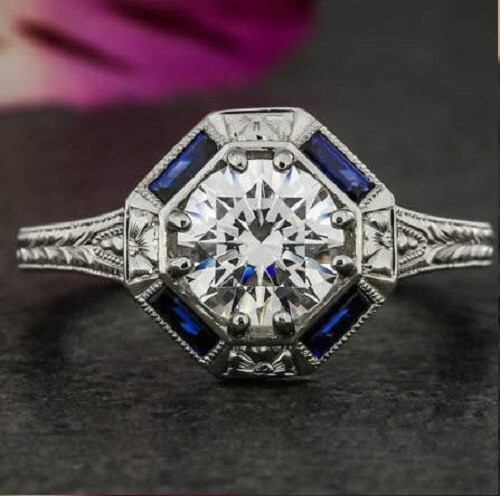 Art Deco Style 1.50Ct White Round Simulated Diamond Sterling Silver Wedding Ring