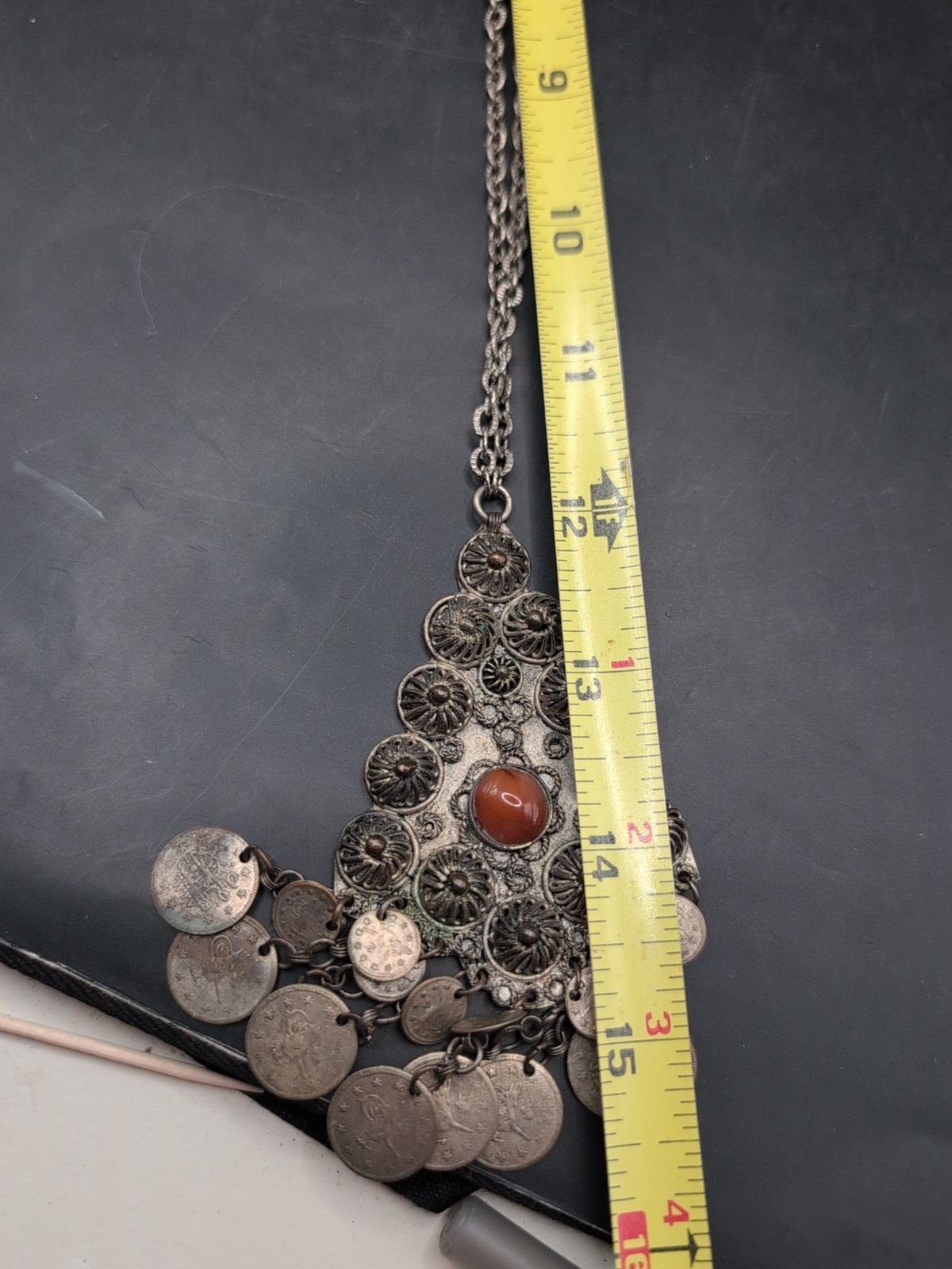 Vintage Tribal Coin Necklace With Glass Stone 24″ Chain