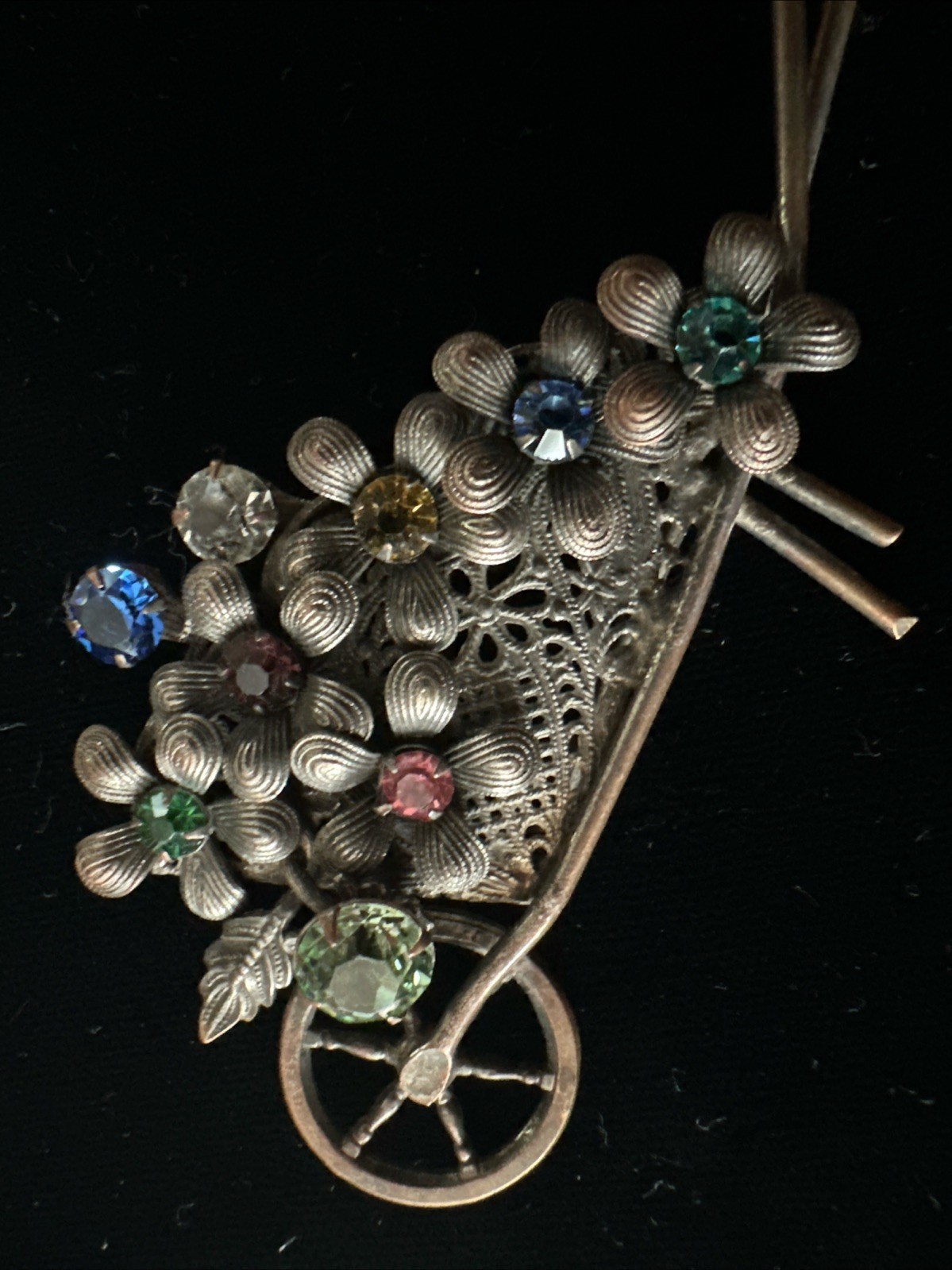 Vintage Wheelbarrow Pin Brooch Rhinestone Flowers Brass Filigree Garden Cart