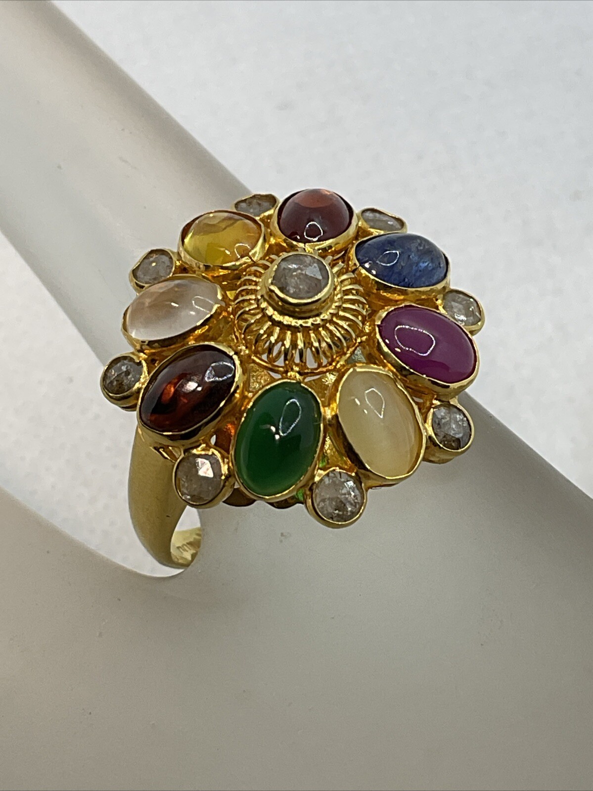 VINTAGE HANDMADE Solid 18K (750) Multicolor Gemstones & Rose Cut Diamonds Ring