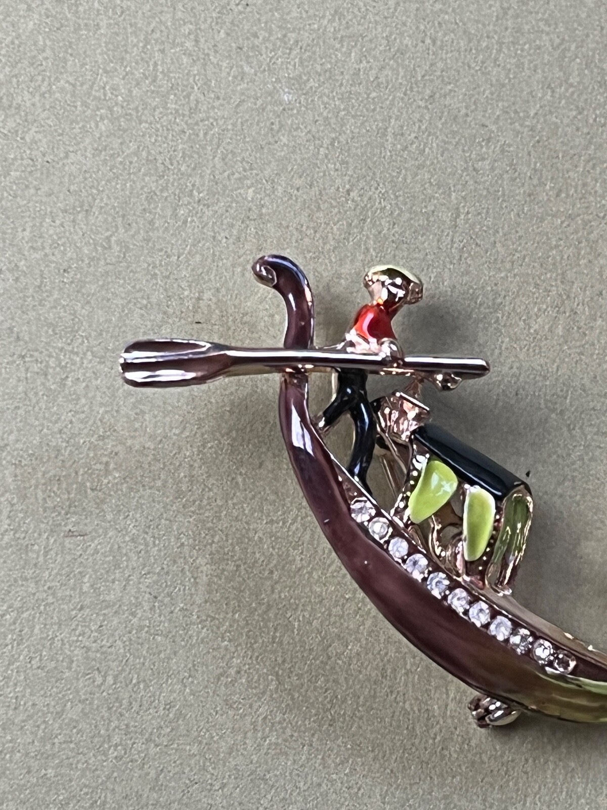Vintage LIme Green Black & Red Enamel Asian Fishing Boat Figural w Clear Rhinest