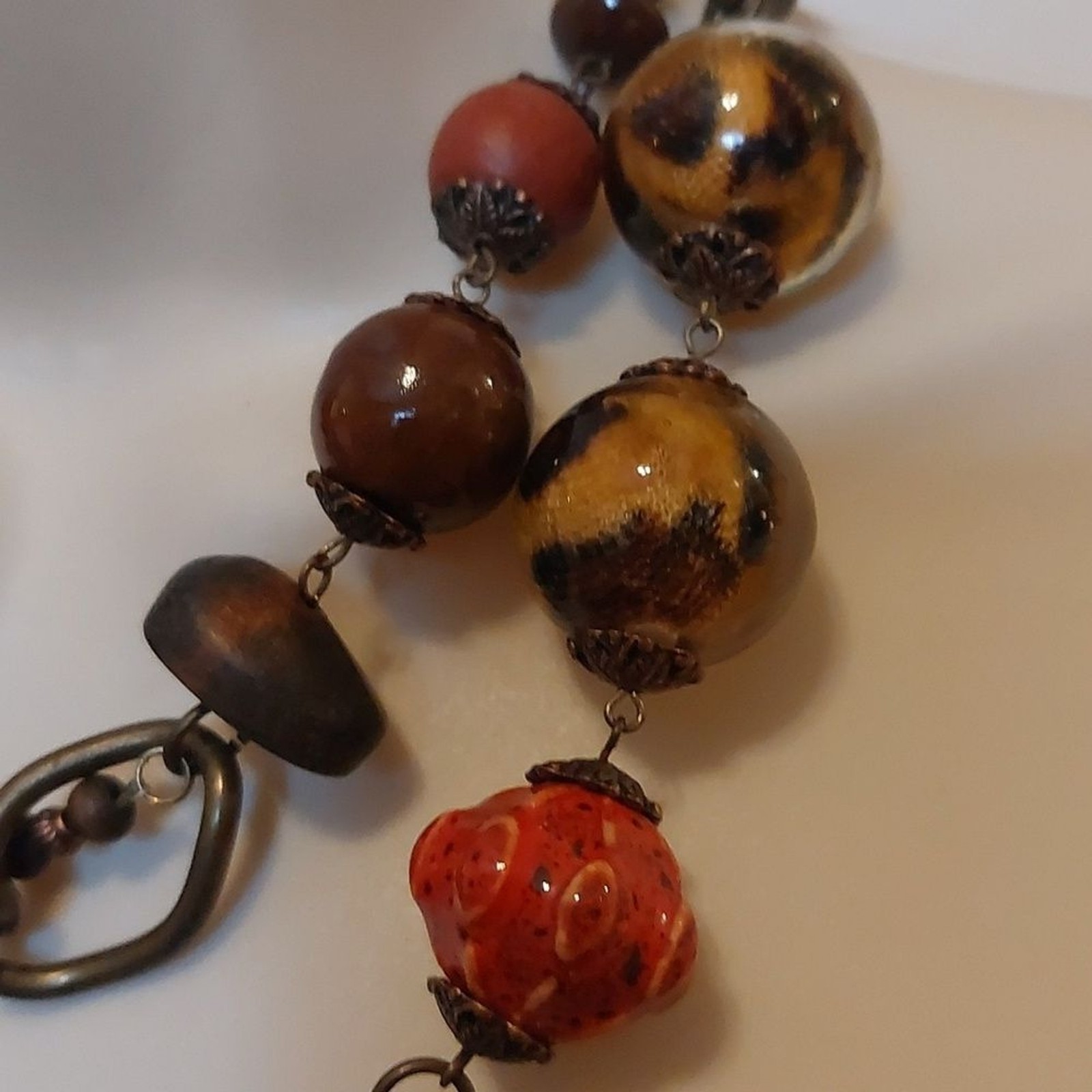 OOAK Unique Vintage Artisal Mixed Media Necklace Copper Wood Glass Ceramic