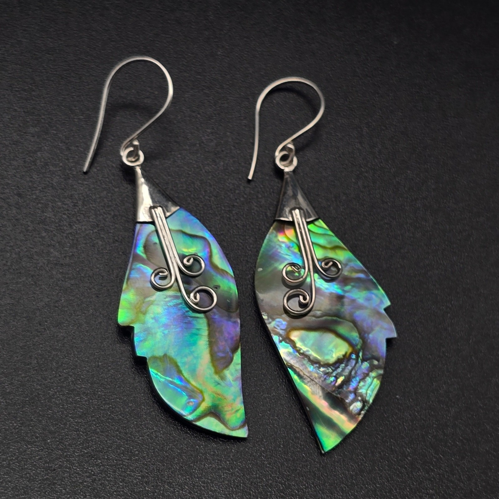 Sterling Silver Paua Abalone Shell Feather Earrings 925 Pierced
