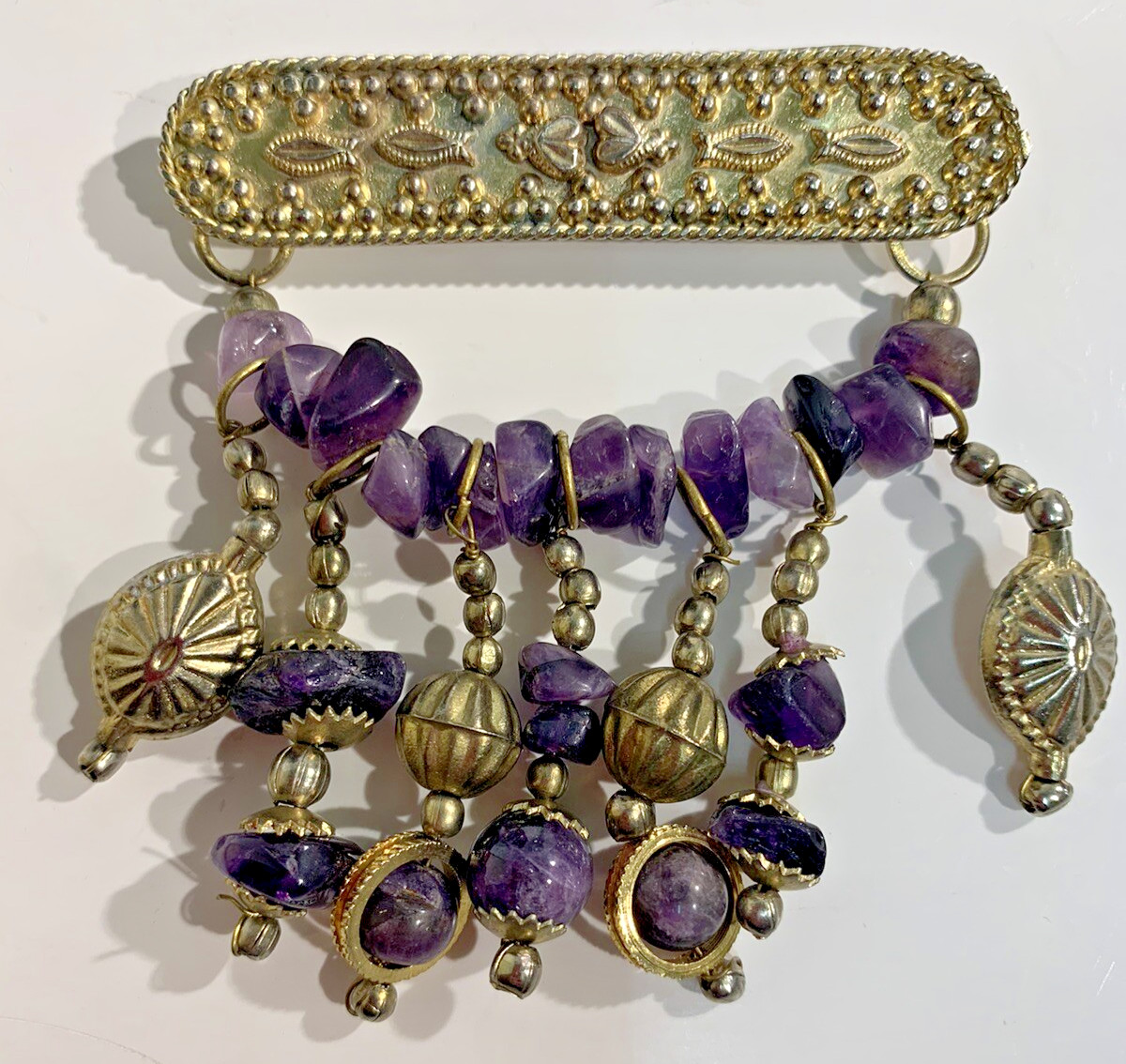Estate Vintage Amethyst Rocks & Dangle Brass Beads Bar Brooch Pin 2.5″ x 3″