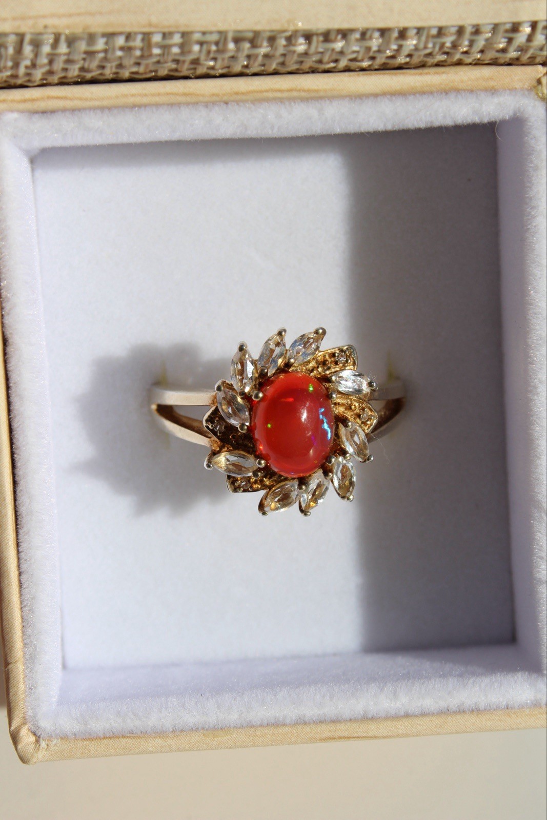 Antique Opalescent Amber Cabochon & Spinel Ring, 2 Carats 9K Gold
