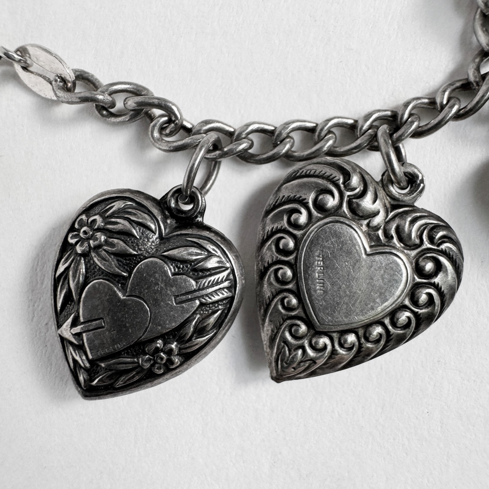 Vintage WWII Sterling Silver 925 Puffy Heart Sweetheart Bracelet w/ 14 Charms