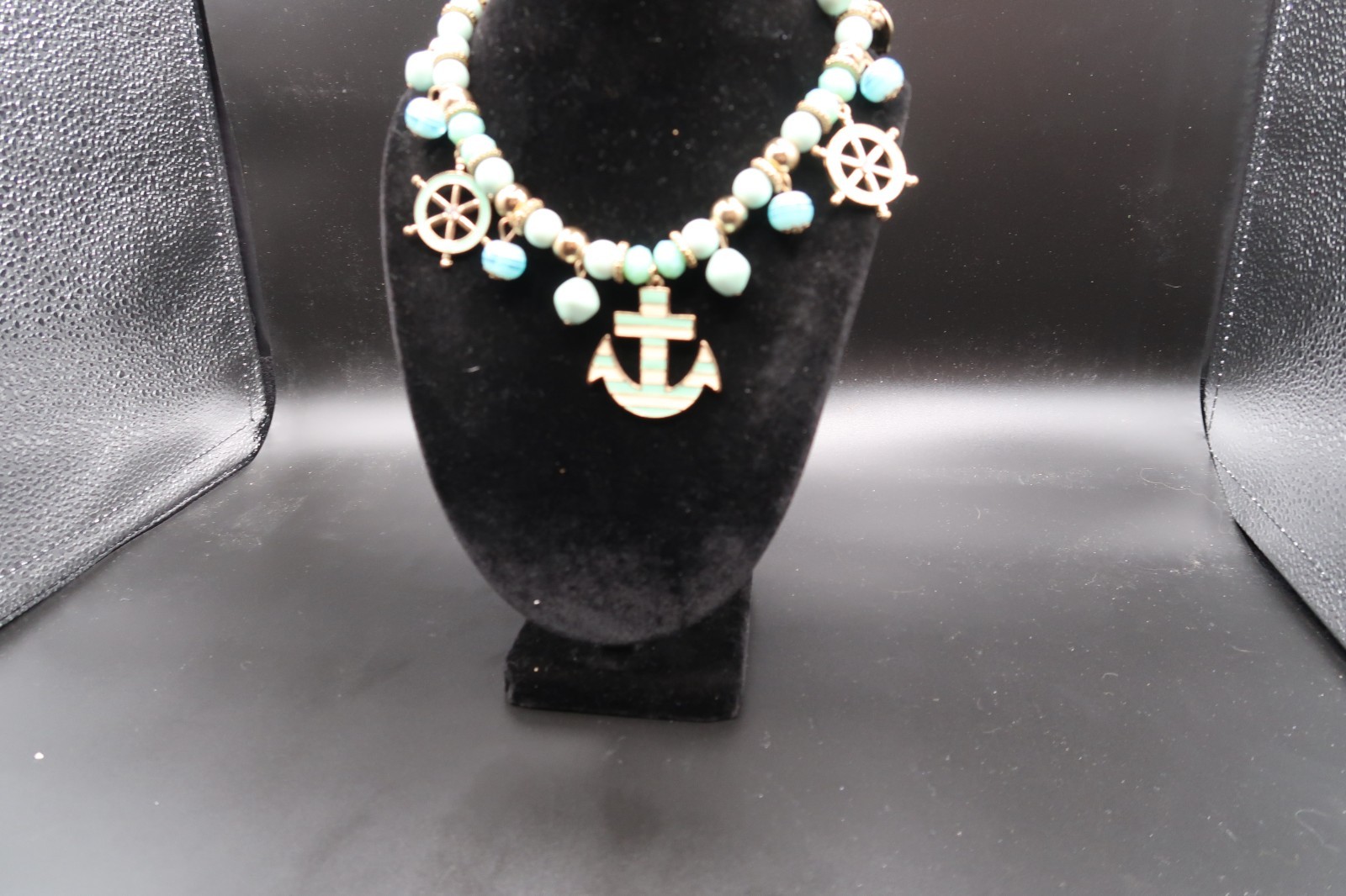 Vtg Nautical Beaded Charm Station Necklace Anchor Ship Wheel Teal & White Enamel