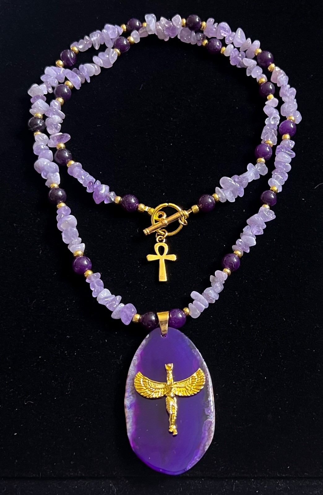 Artisan Necklace Egyptian Revival Goddess Pendant Amethyst Gemstone Beads