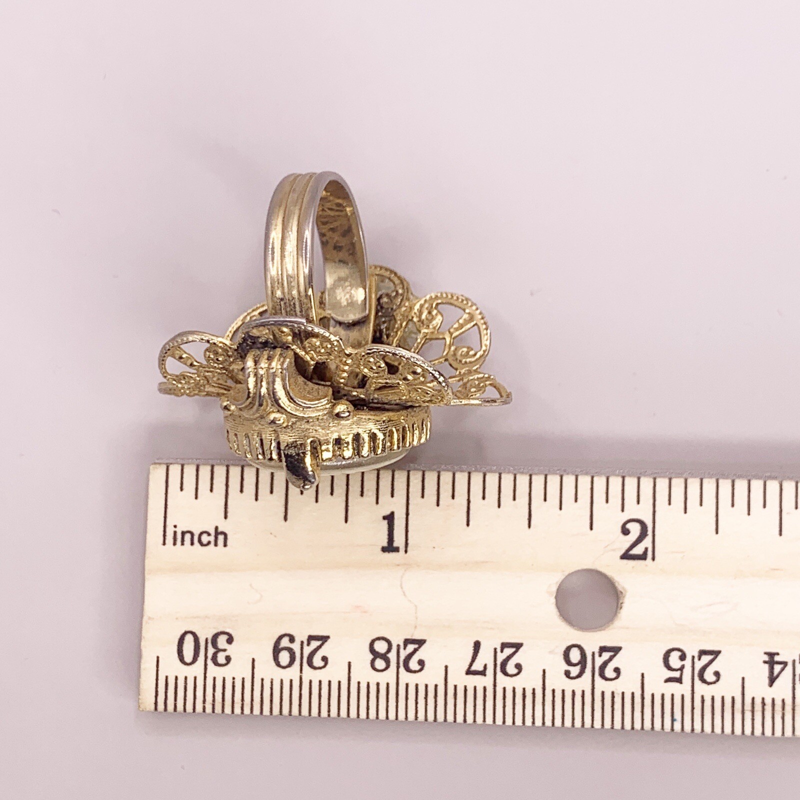 Vintage Cocktail Ring Costume Jewelry Off White Ivory Gold Color Tone Adjustable