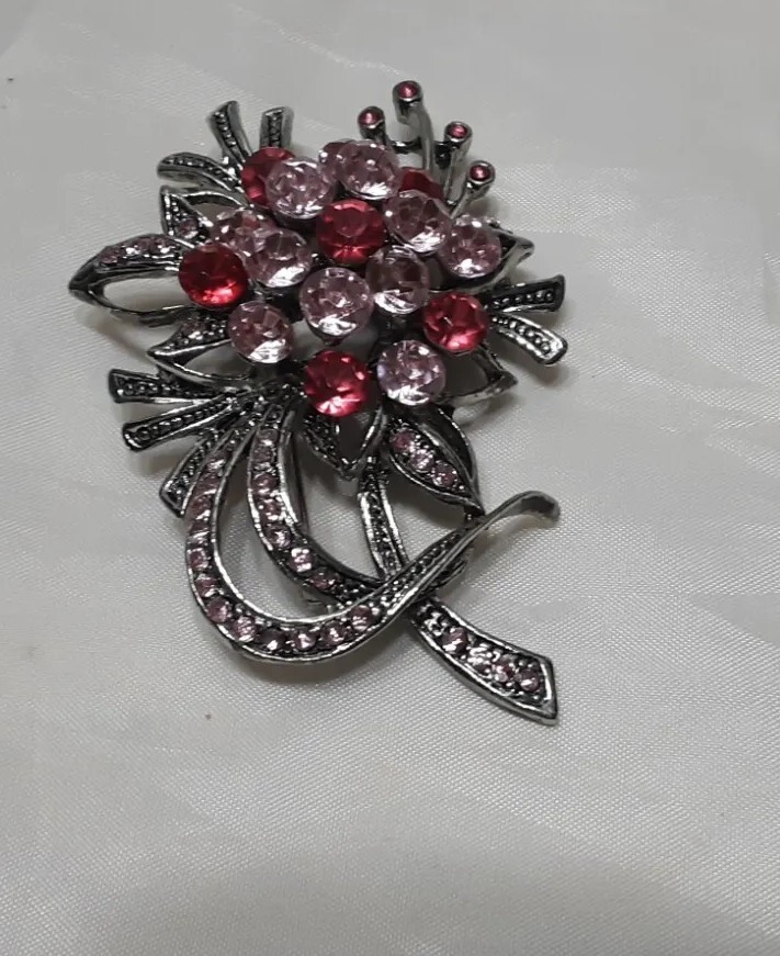 Brooch Pendent Silver Tone Gunmetal Pink Lite Dark Rhinestone Big Flower Bouquet