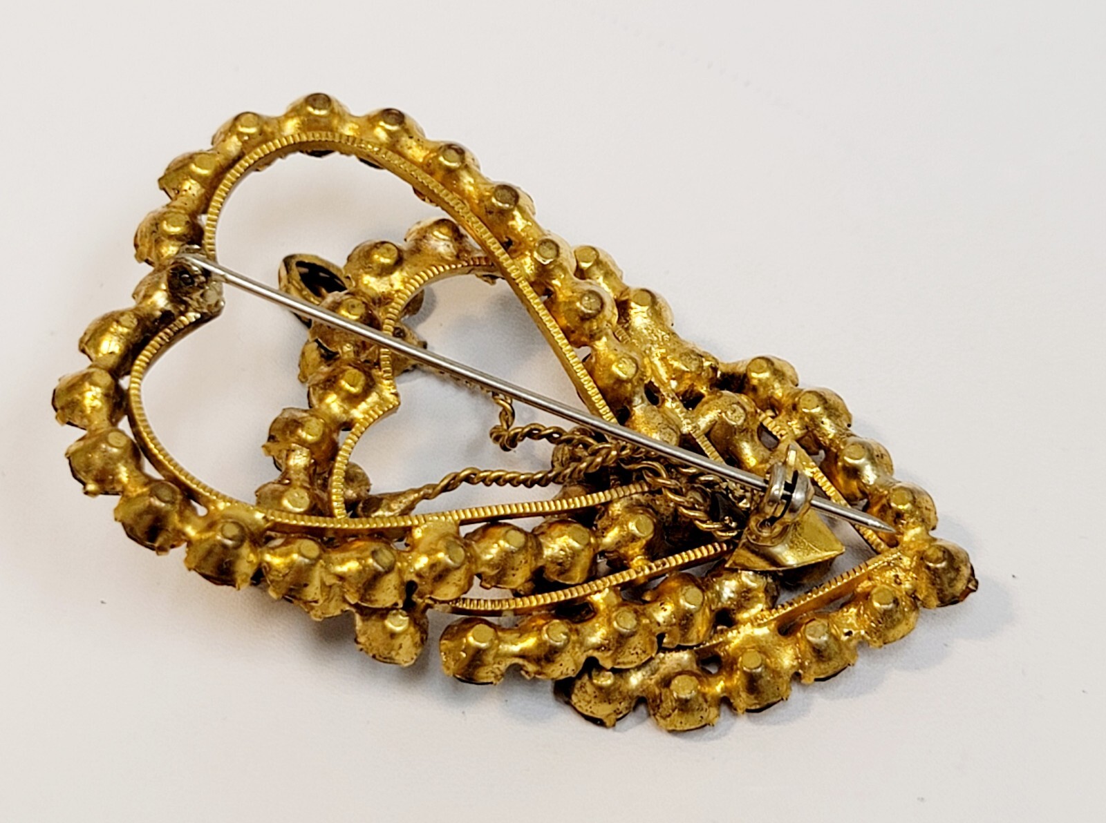 Vintage Original By Robert Fashioncraft 3 Hearts Brooch Green Yellow Rhinestones