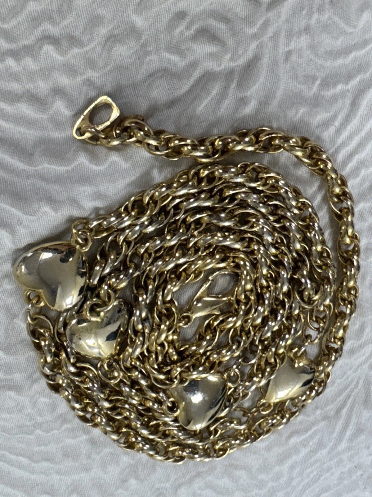 Vintage Gold Tone Multiple Puffed Heart Charms Station 36” Necklace